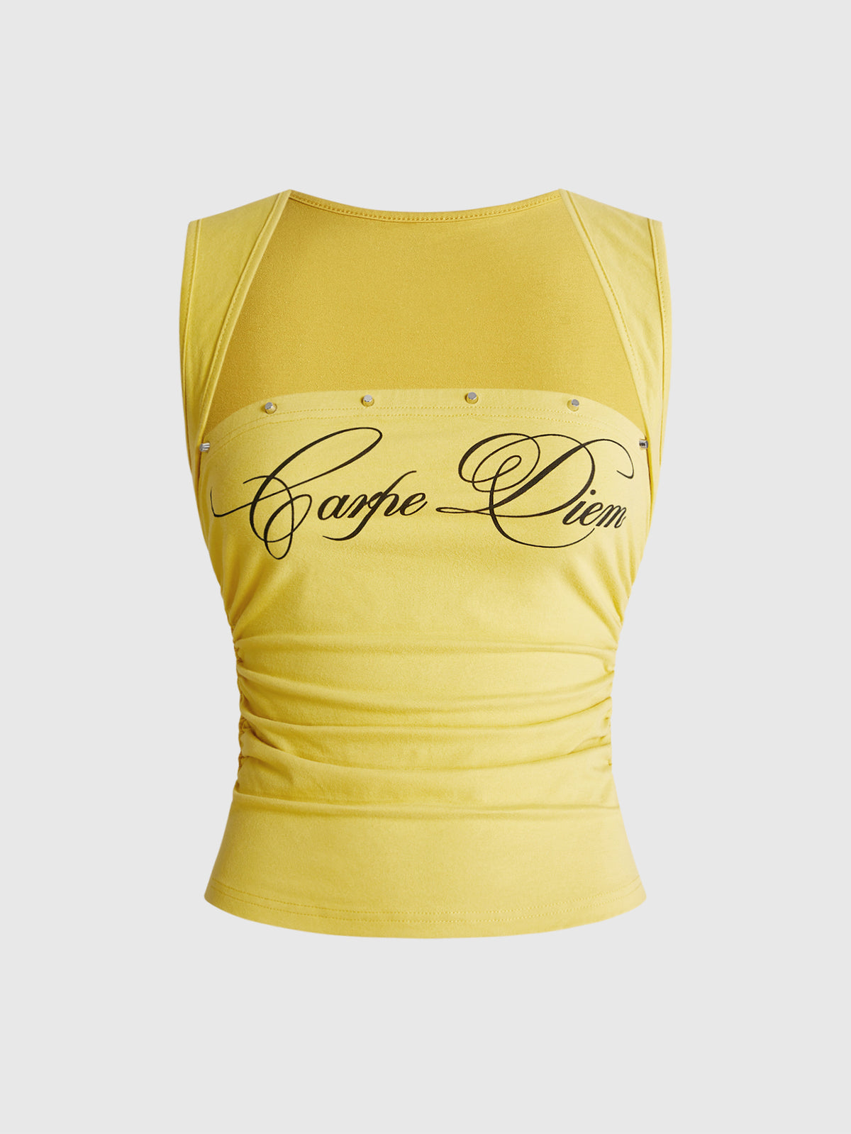 Fitted women's ruched tank top in stretch cotton knit featuring a square neckline and letter print pattern.