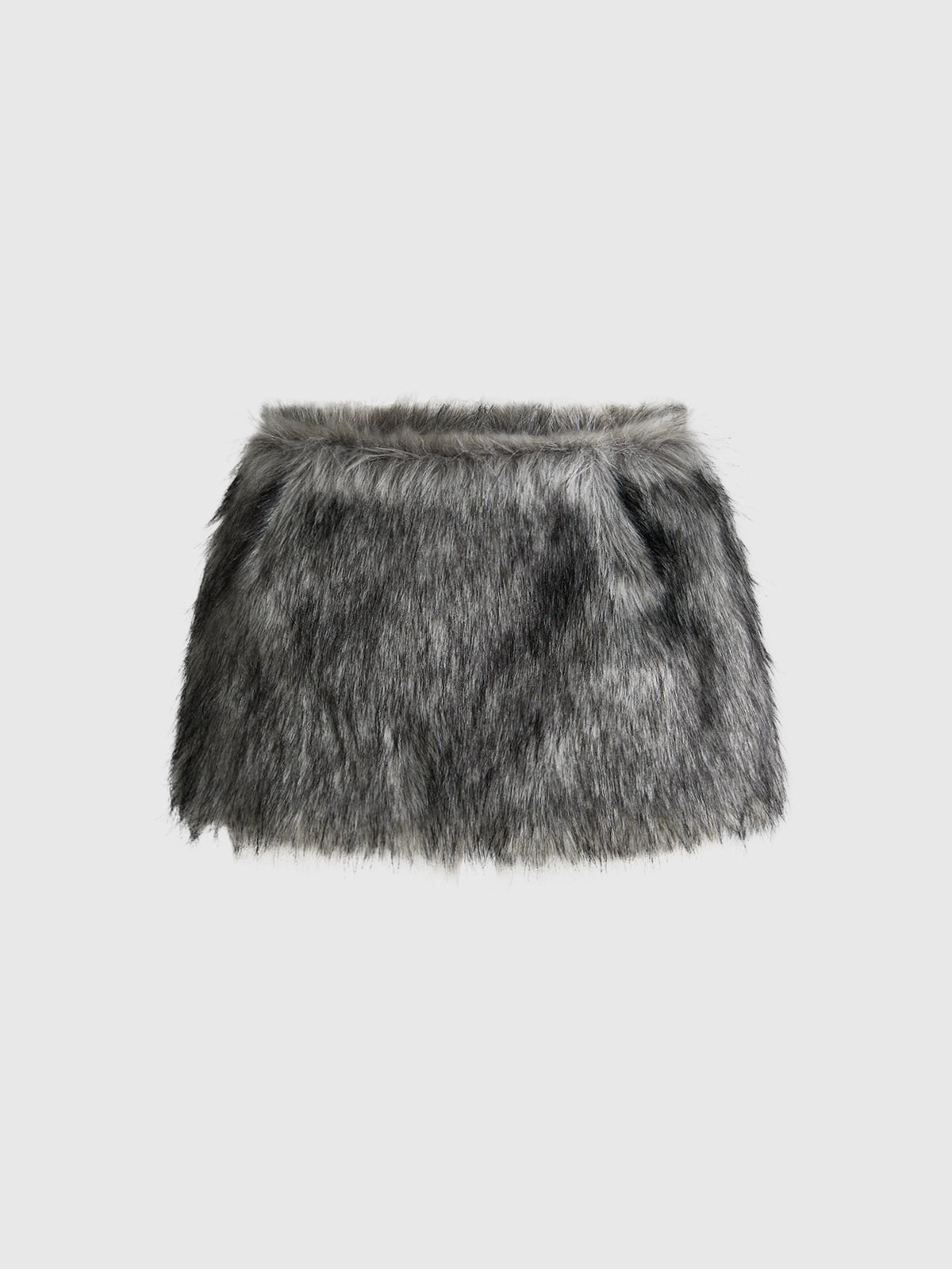 Women's ultra low waist mini skirt featuring contrast faux fur trim and rhinestone embellishments.