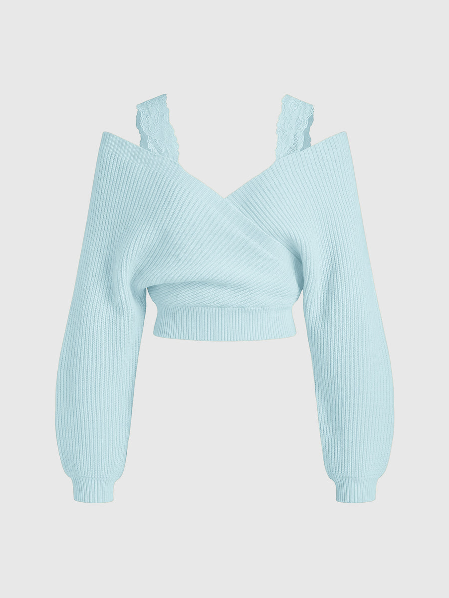 Women's two-piece rib-knit sweater set featuring a long-sleeve cold-shoulder crop top with strap details and matching wide-leg pants.