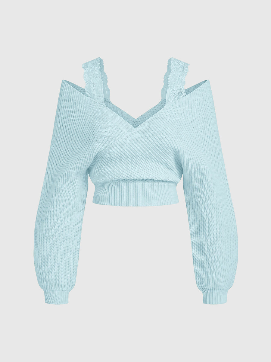 Women's two-piece rib-knit sweater set featuring a long-sleeve cold-shoulder crop top with strap details and matching wide-leg pants.
