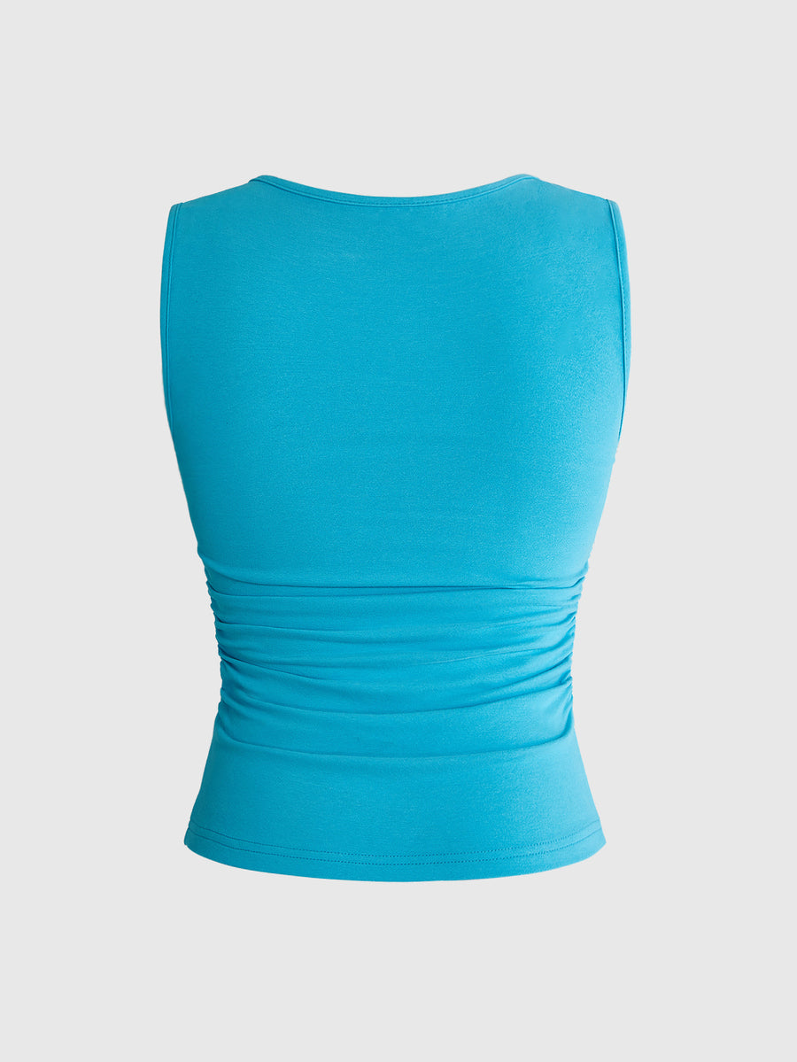 Fitted women's ruched tank top in stretch cotton knit featuring a square neckline and letter print pattern.
