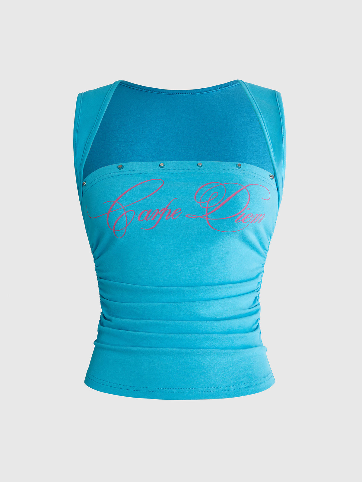 Fitted women's ruched tank top in stretch cotton knit featuring a square neckline and letter print pattern.