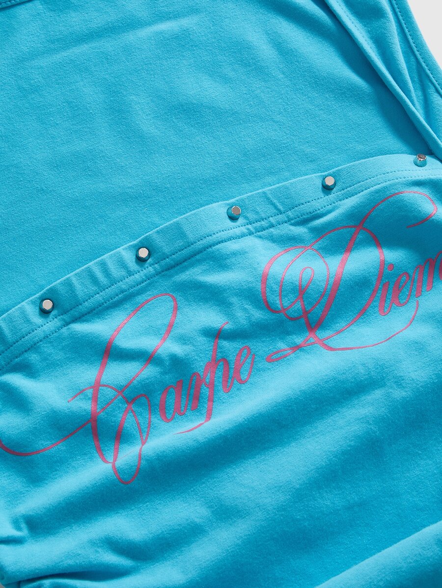 Fitted women's ruched tank top in stretch cotton knit featuring a square neckline and letter print pattern.