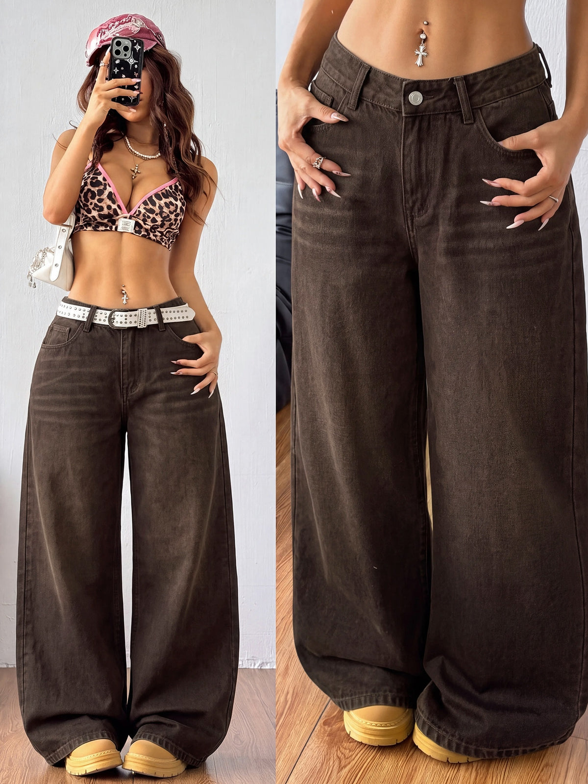 Women's loose wide-leg jeans in light wash denim with low waist and extra-long relaxed fit