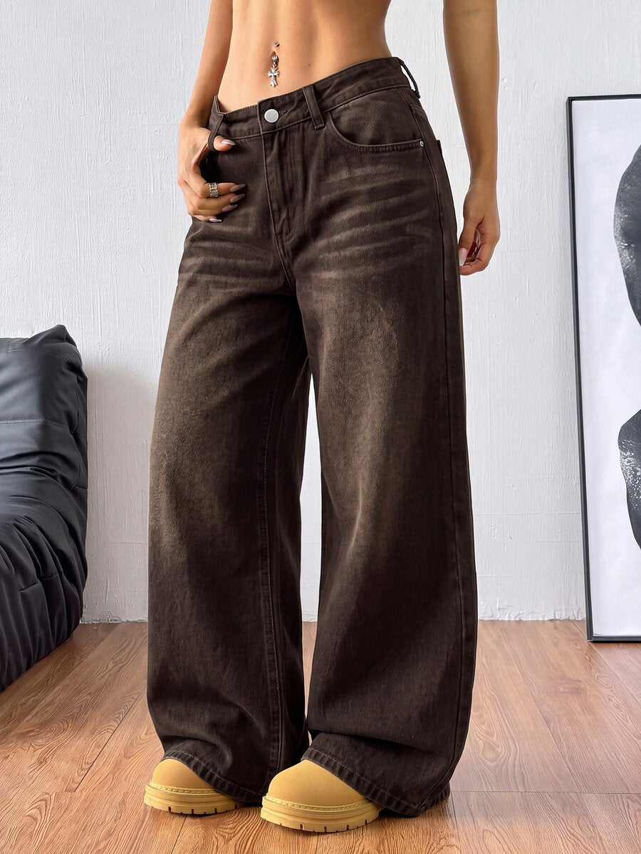 Women's loose wide-leg jeans in light wash denim with low waist and extra-long relaxed fit