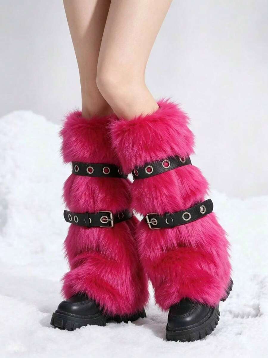 Pair of fuzzy leopard print leg warmers for women in a stylish winter goth aesthetic