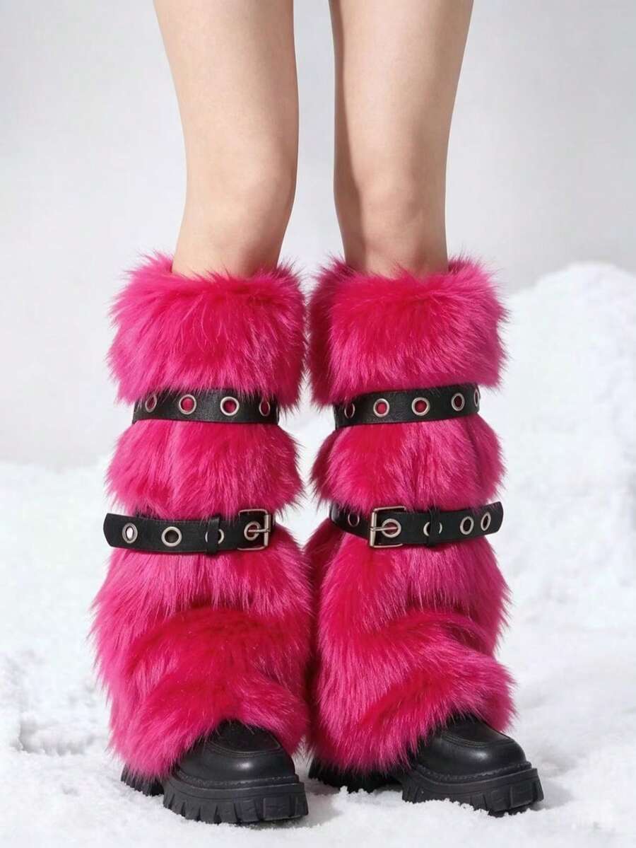 Pair of fuzzy leopard print leg warmers for women in a stylish winter goth aesthetic