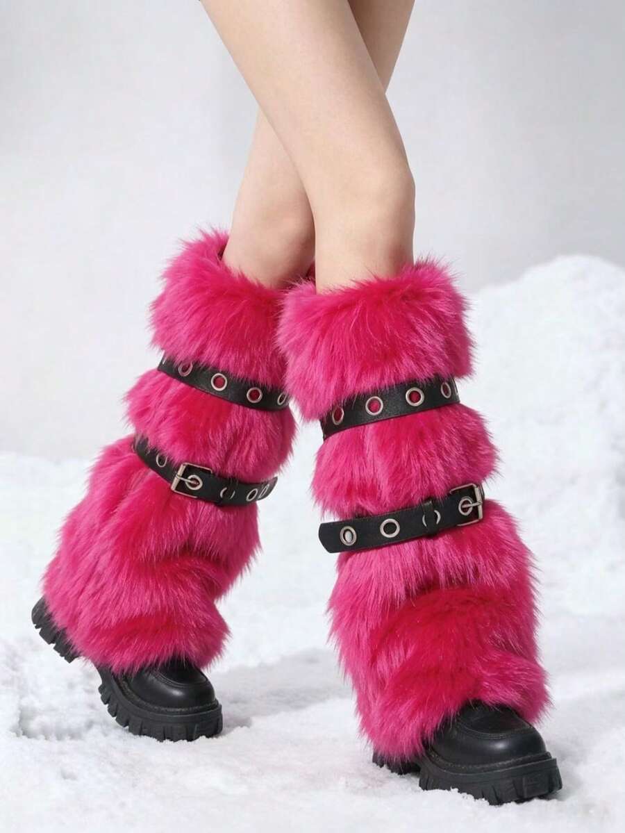 Pair of fuzzy leopard print leg warmers for women in a stylish winter goth aesthetic