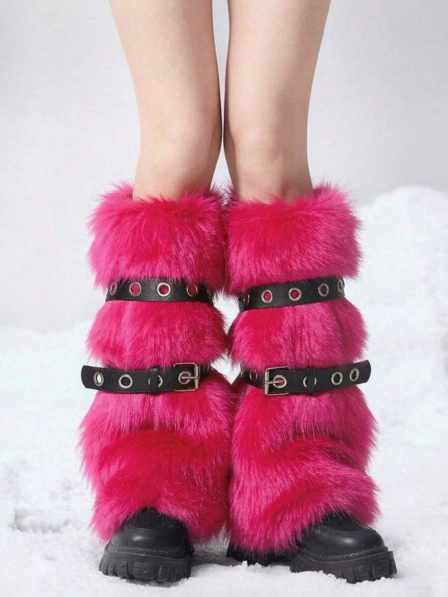 Pair of fuzzy leopard print leg warmers for women in a stylish winter goth aesthetic