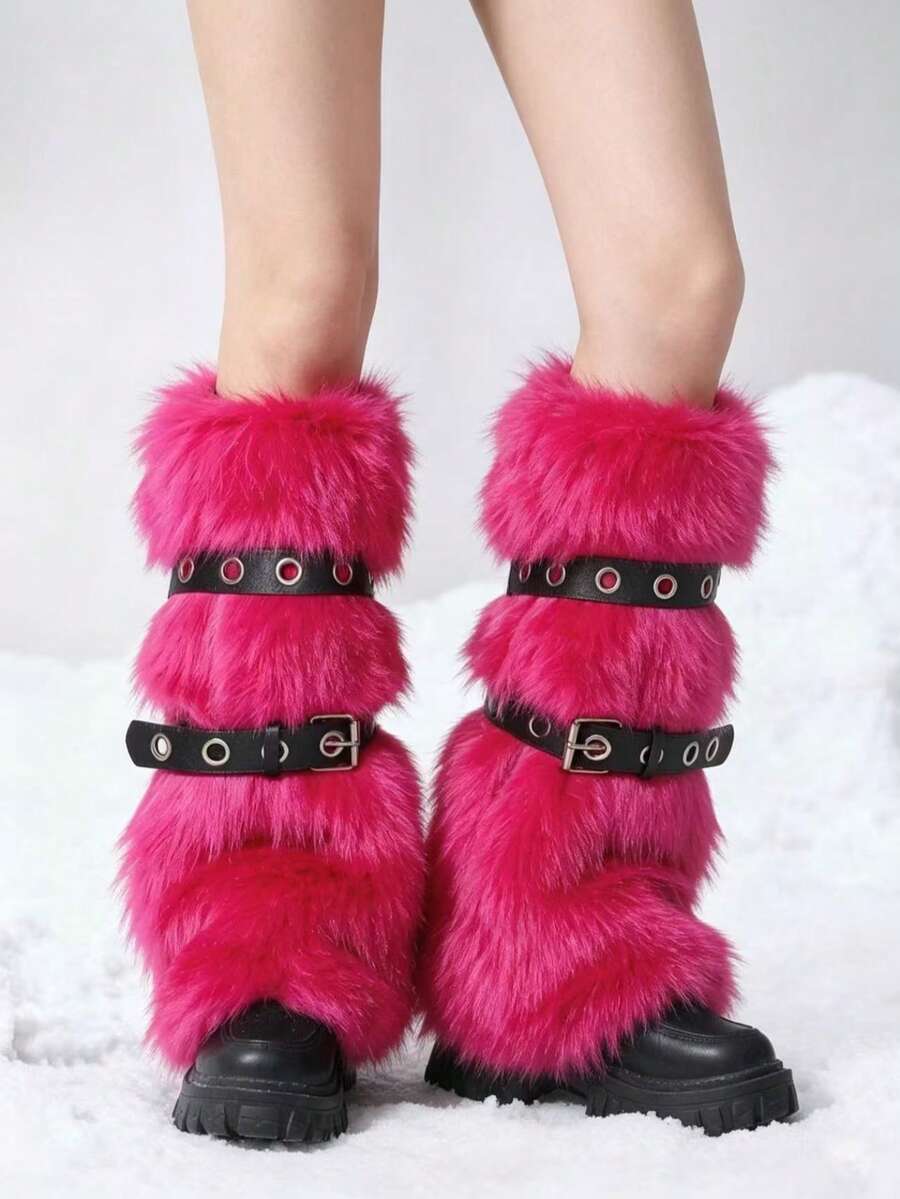 Pair of fuzzy leopard print leg warmers for women in a stylish winter goth aesthetic