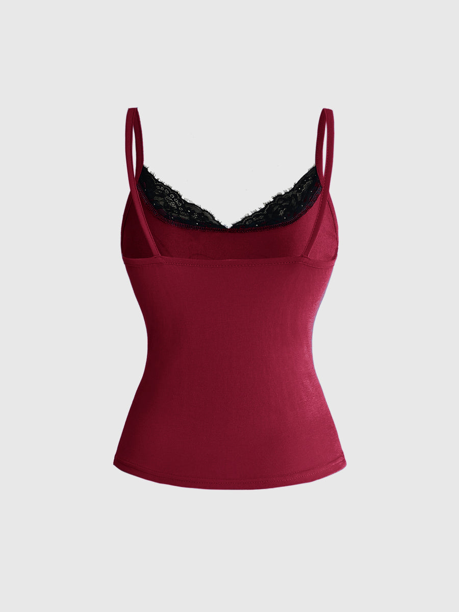 Women's slim fit 2-in-1 spaghetti strap tank top with contrast lace patchwork detail.