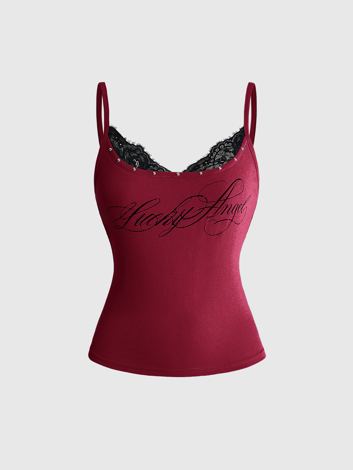 Women's slim fit 2-in-1 spaghetti strap tank top with contrast lace patchwork detail.
