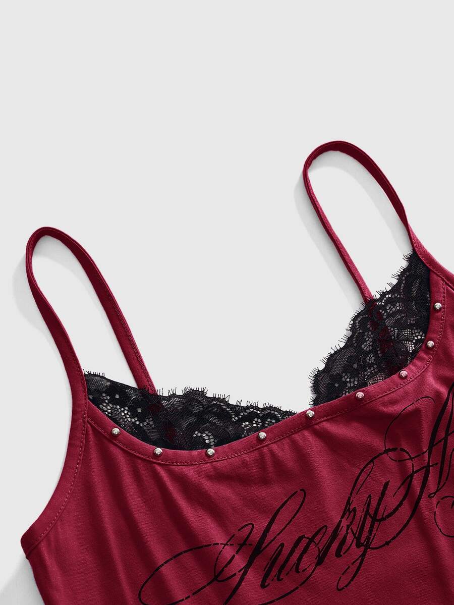 Women's slim fit 2-in-1 spaghetti strap tank top with contrast lace patchwork detail.