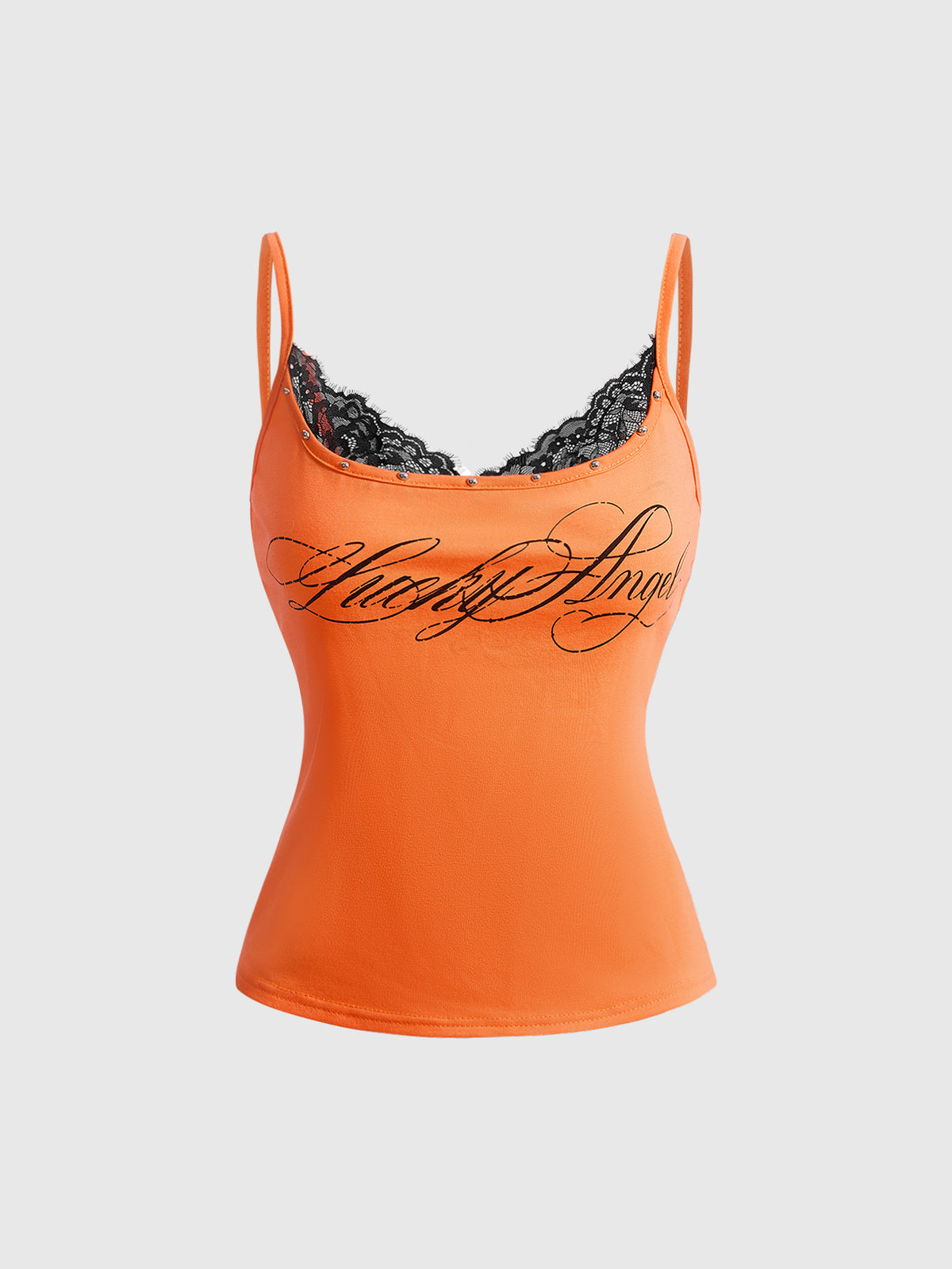 Women's slim fit 2-in-1 spaghetti strap tank top with contrast lace patchwork detail.