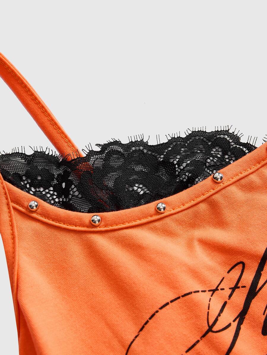 Women's slim fit 2-in-1 spaghetti strap tank top with contrast lace patchwork detail.