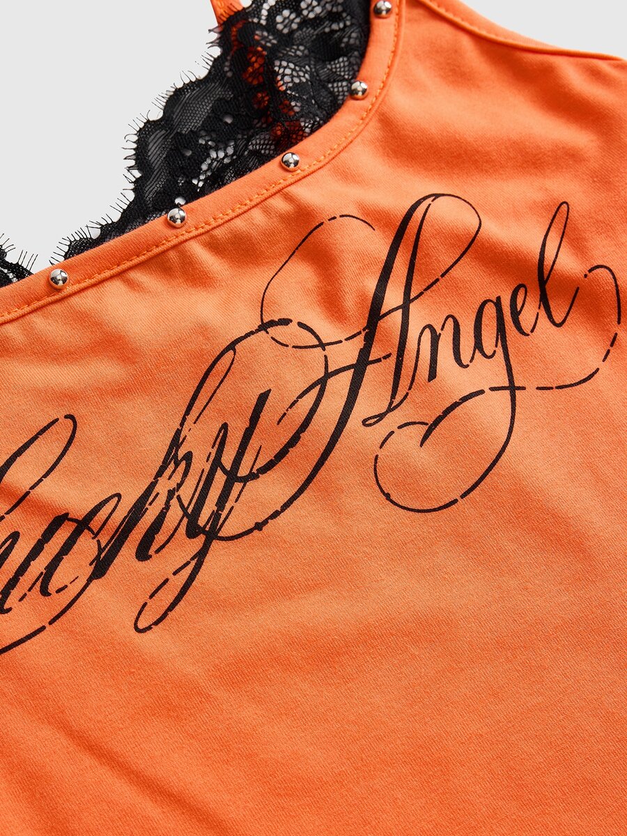 Women's slim fit 2-in-1 spaghetti strap tank top with contrast lace patchwork detail.