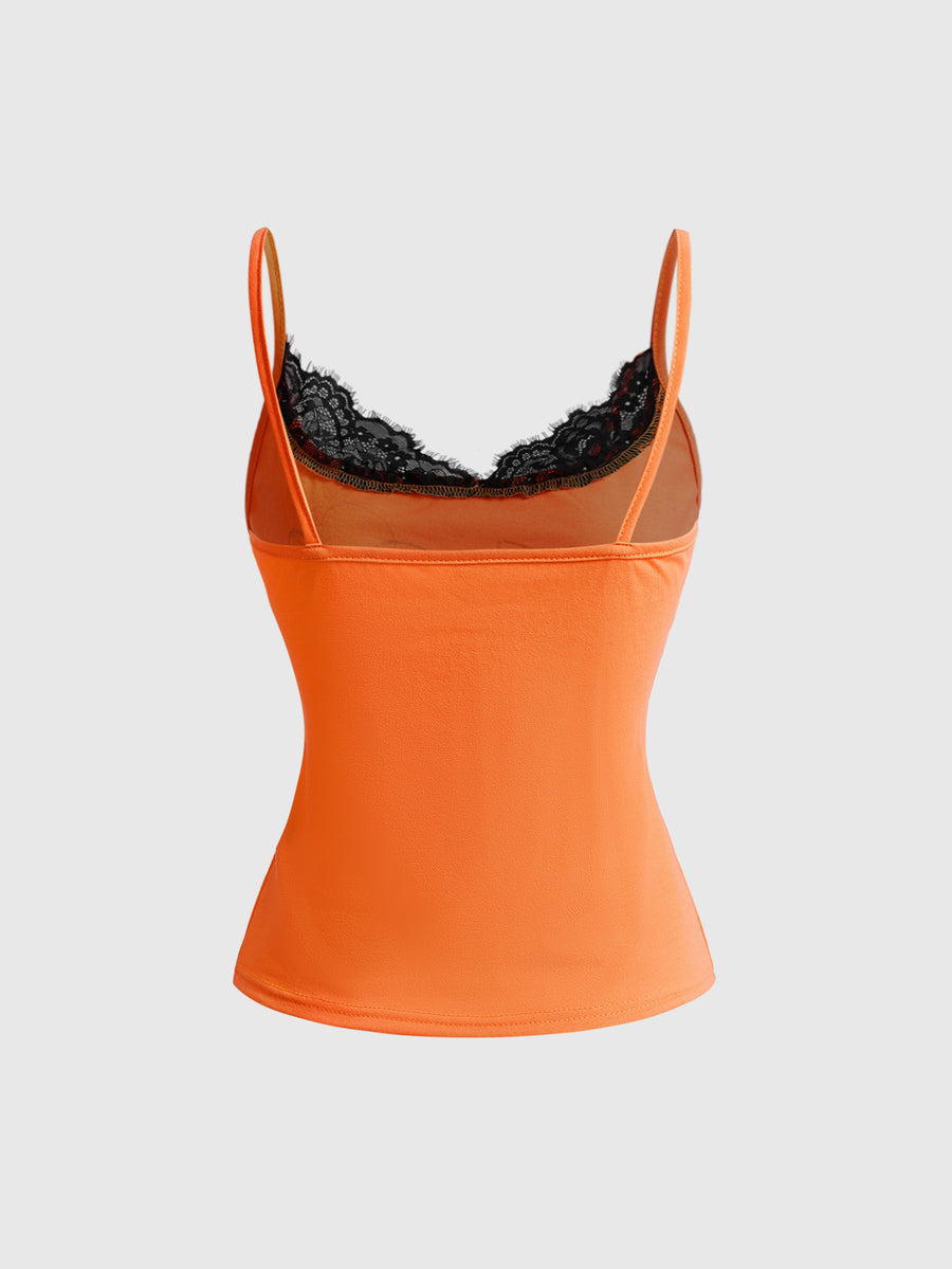 Women's slim fit 2-in-1 spaghetti strap tank top with contrast lace patchwork detail.