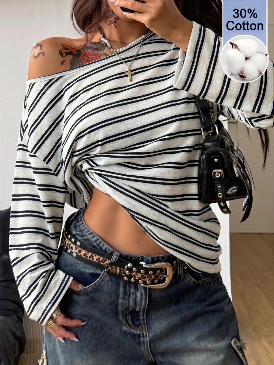 Women's brown striped boat neck long sleeve raglan T-shirt with a loose casual fit