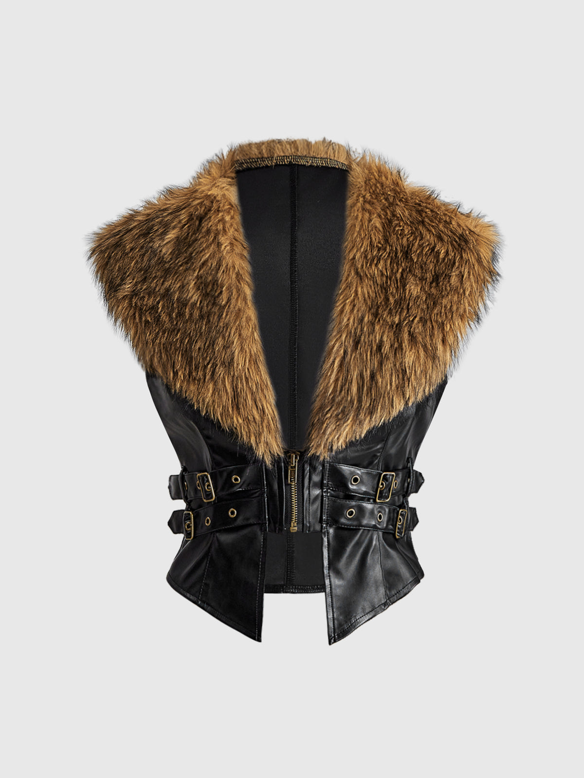 Women's slim fit cropped PU leather jacket featuring a detachable contrast faux fur shawl collar and a belted waist.