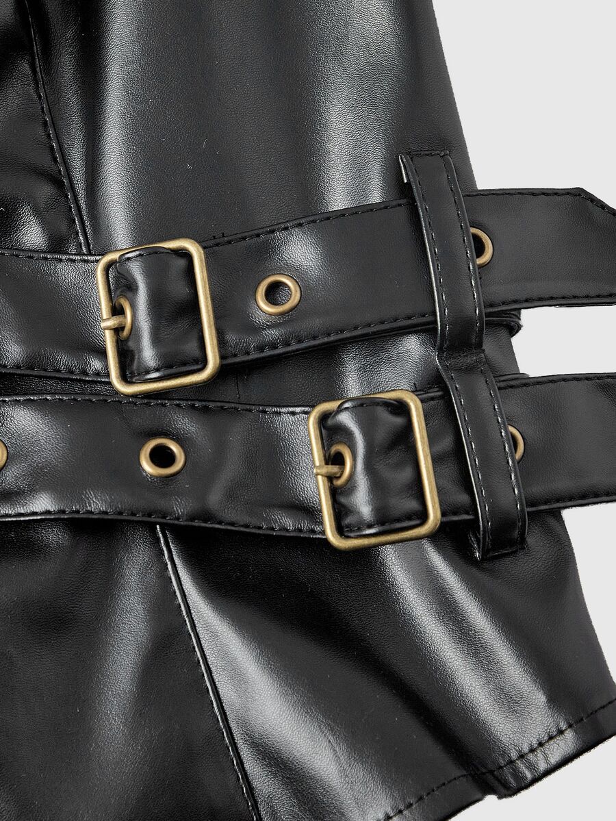 Women's slim fit cropped PU leather jacket featuring a detachable contrast faux fur shawl collar and a belted waist.
