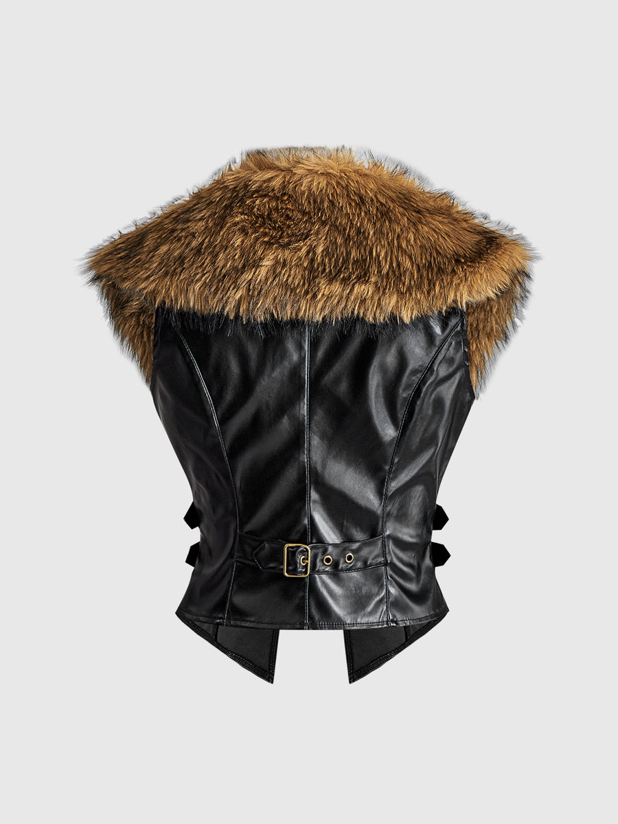 Women's slim fit cropped PU leather jacket featuring a detachable contrast faux fur shawl collar and a belted waist.