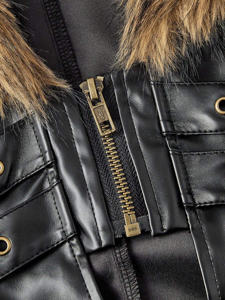 Women's slim fit cropped PU leather jacket featuring a detachable contrast faux fur shawl collar and a belted waist.