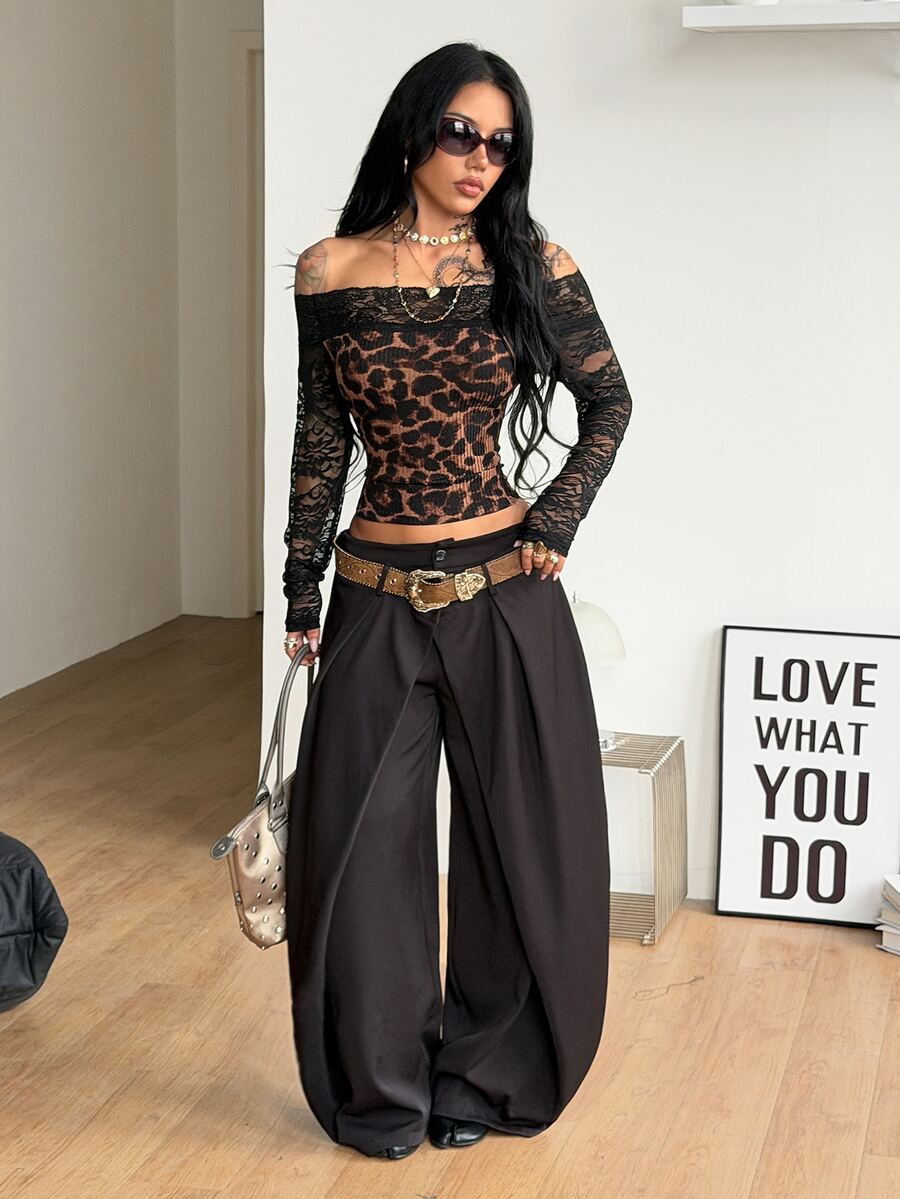 Women's slim fit off the shoulder long sleeve knitted top featuring contrast lace trim and ruched accents.