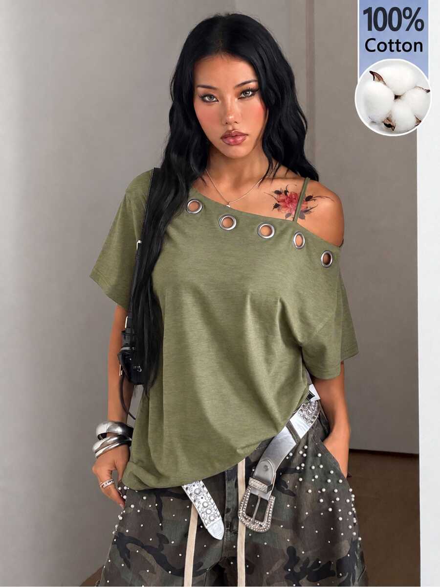 Women's casual loose fit cold shoulder cotton t-shirt with asymmetrical cutout neckline and short sleeves.