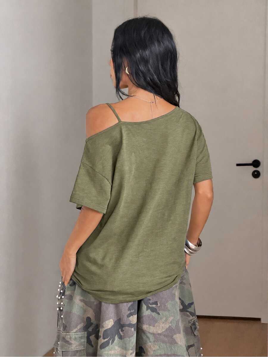 Women's casual loose fit cold shoulder cotton t-shirt with asymmetrical cutout neckline and short sleeves.