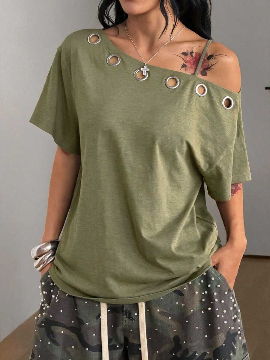 Women's casual loose fit cold shoulder cotton t-shirt with asymmetrical cutout neckline and short sleeves.