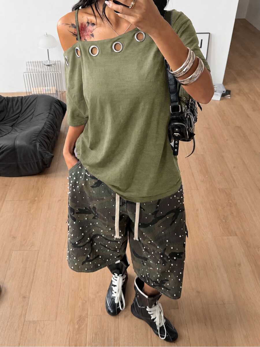 Women's casual loose fit cold shoulder cotton t-shirt with asymmetrical cutout neckline and short sleeves.