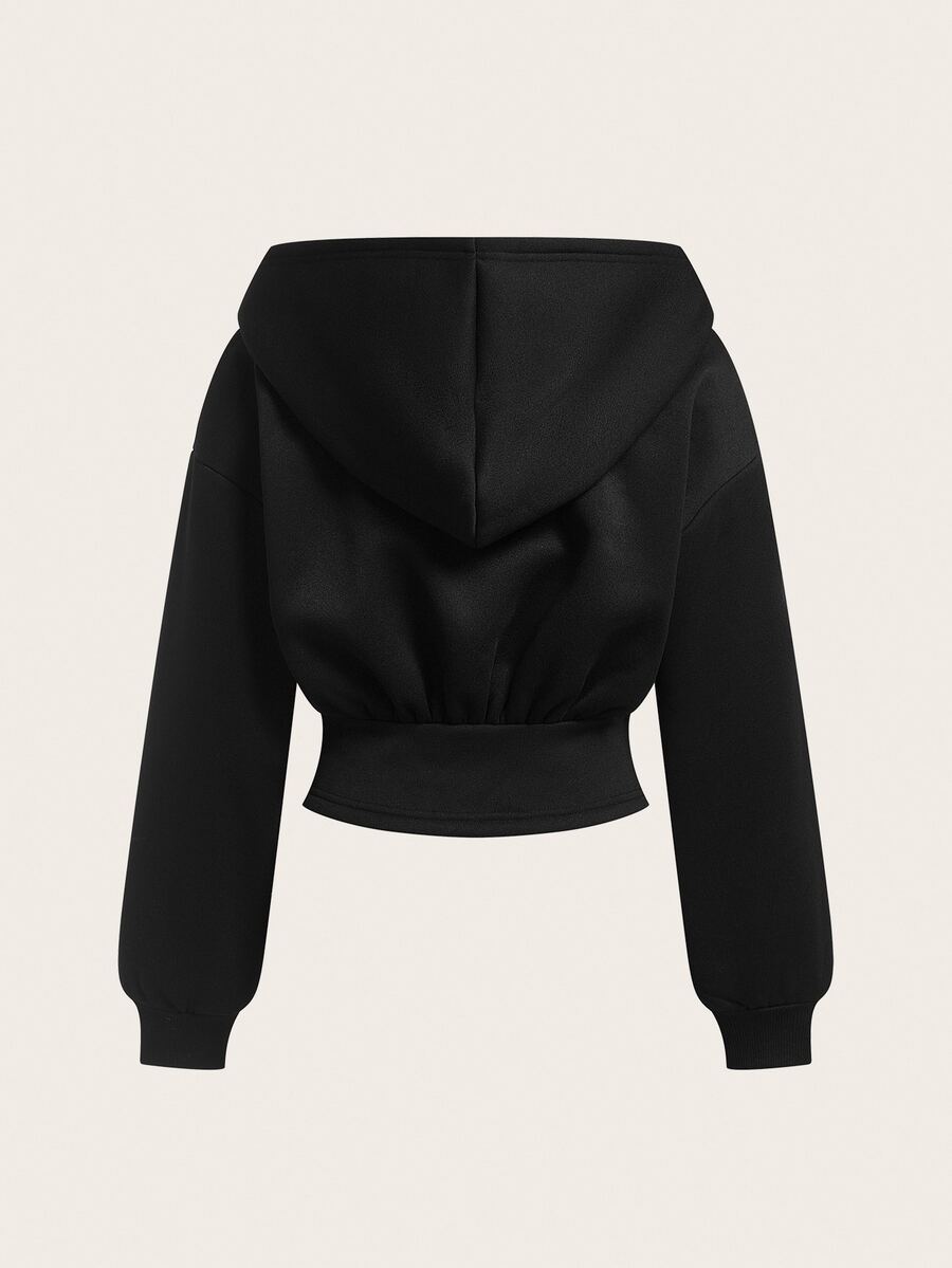 Women's black oversized zip-up hooded sweatshirt with drawstring hood and long sleeves.