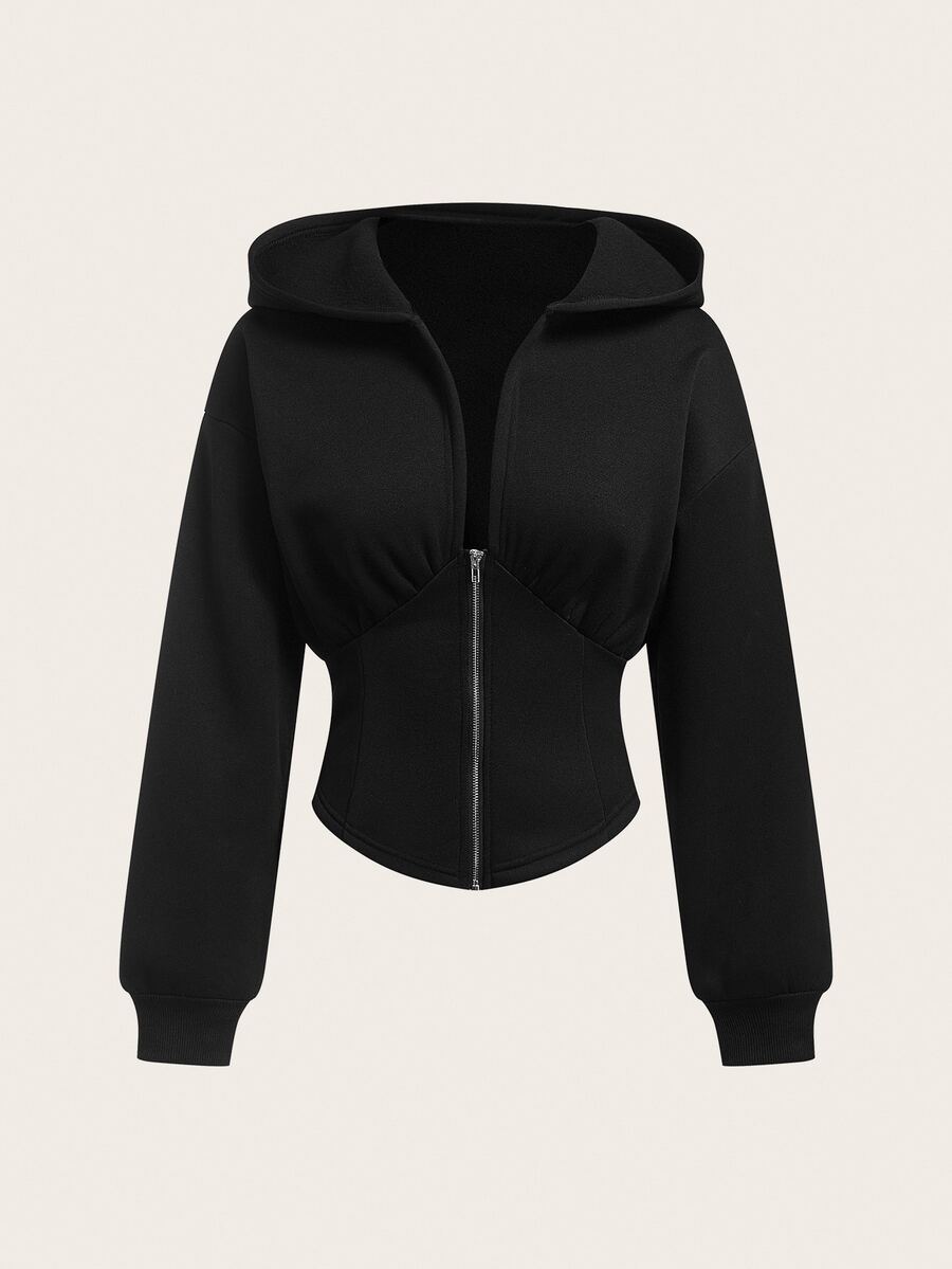 Women's black oversized zip-up hooded sweatshirt with drawstring hood and long sleeves.