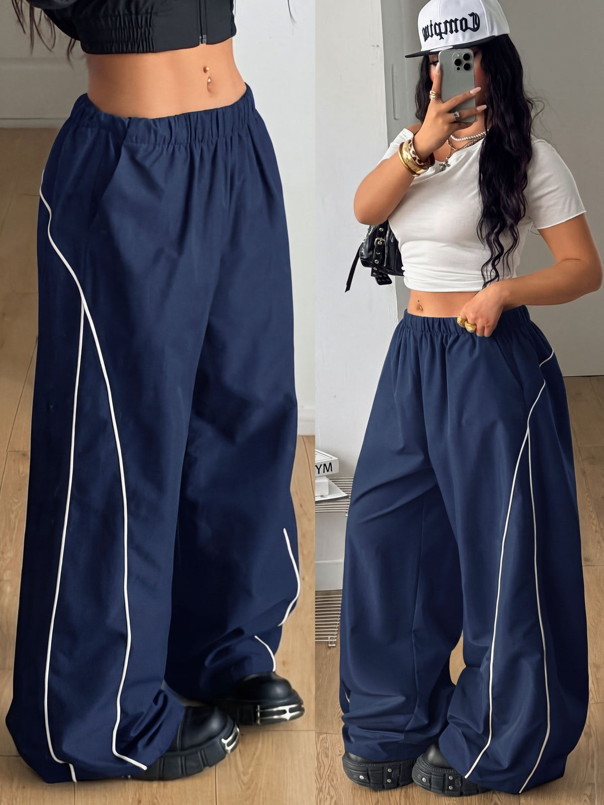 Plus size loose straight leg casual pants with elastic drawstring waist, contrast binding, and side pockets.