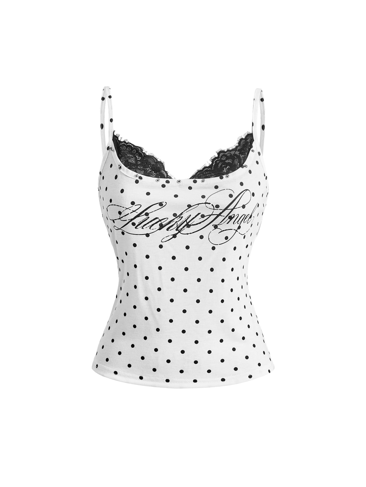 Women's slim fit 2-in-1 spaghetti strap tank top with contrast lace patchwork detail.