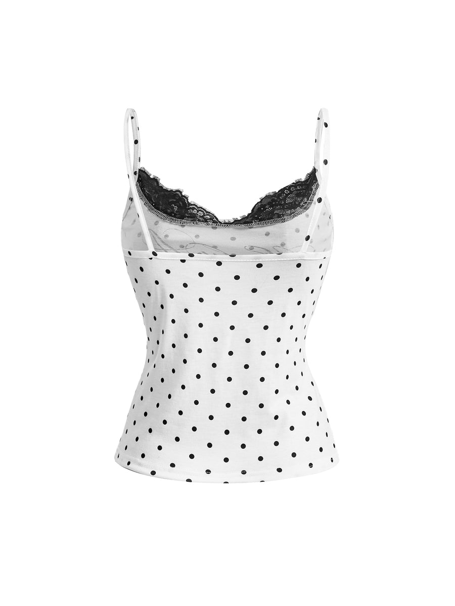 Women's slim fit 2-in-1 spaghetti strap tank top with contrast lace patchwork detail.