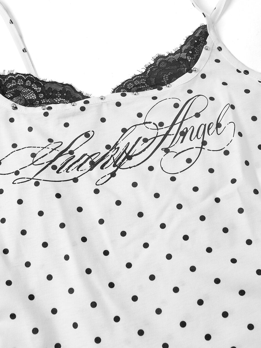 Women's slim fit 2-in-1 spaghetti strap tank top with contrast lace patchwork detail.