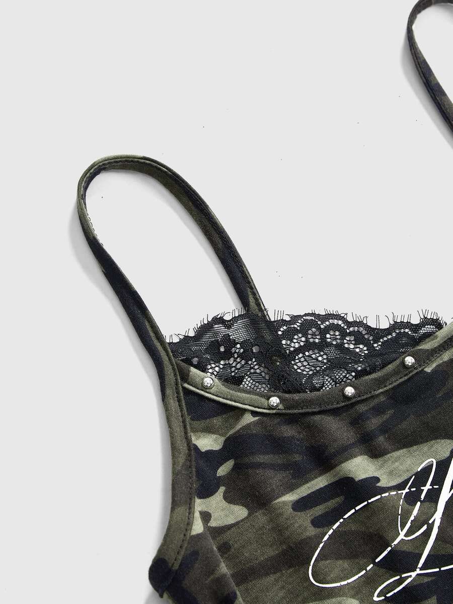 Women's slim fit 2-in-1 spaghetti strap tank top with contrast lace patchwork detail.