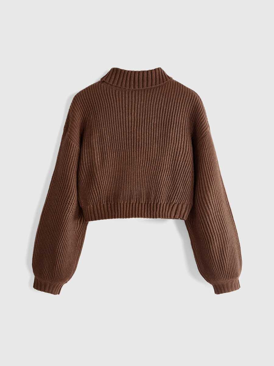 Women's rib-knit crop turtleneck sweater with long drop shoulder sleeves