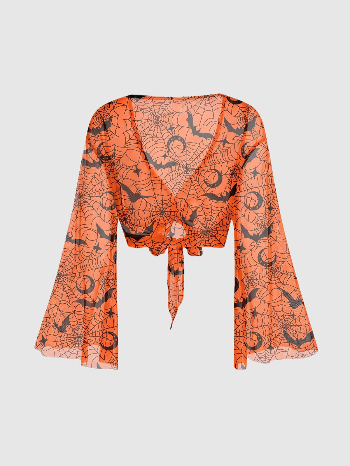 Orange knitted Halloween crop top for women featuring a moth, bat, and spider web print with a V-neck and front tie closure.