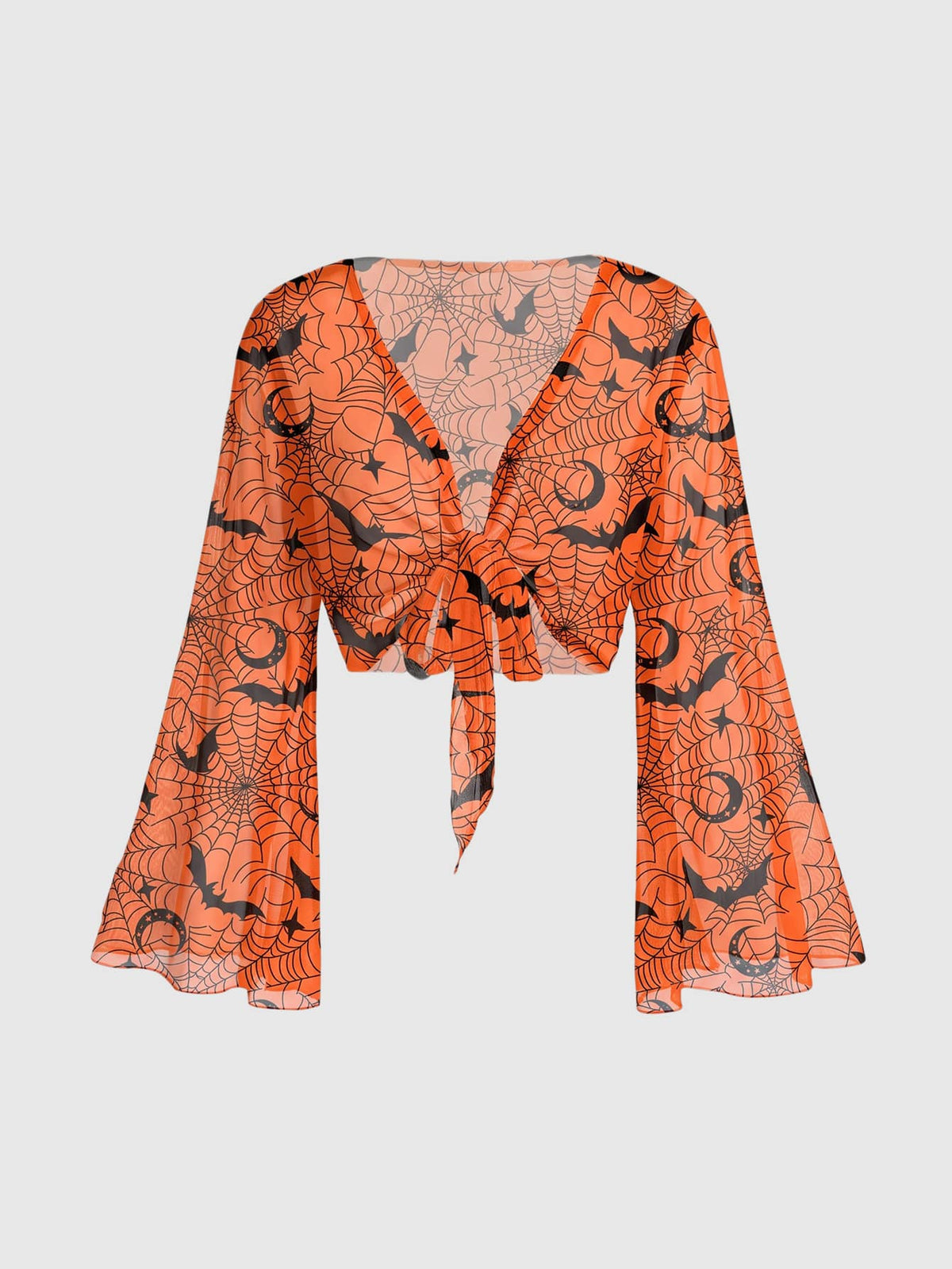 Orange knitted Halloween crop top for women featuring a moth, bat, and spider web print with a V-neck and front tie closure.