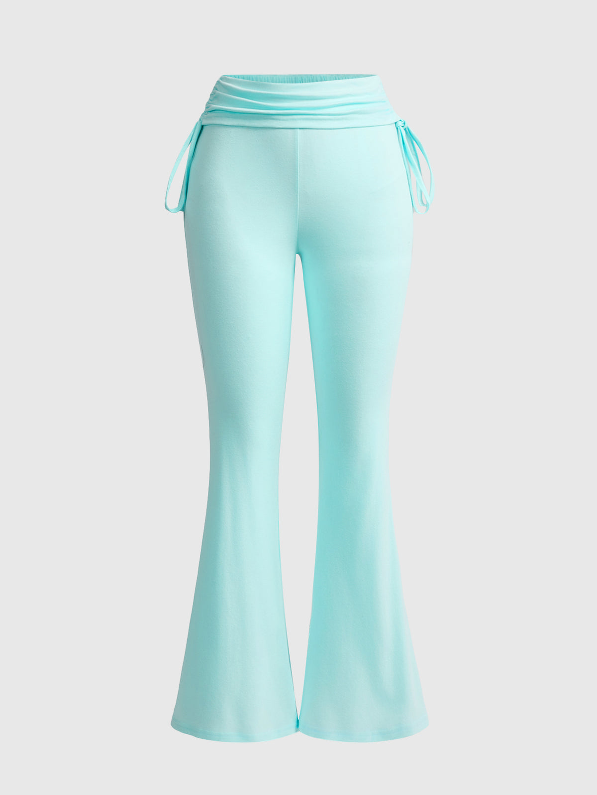 Women's low waist flare leg pants featuring an elastic drawstring waistband and ruched detail in knitted fabric.