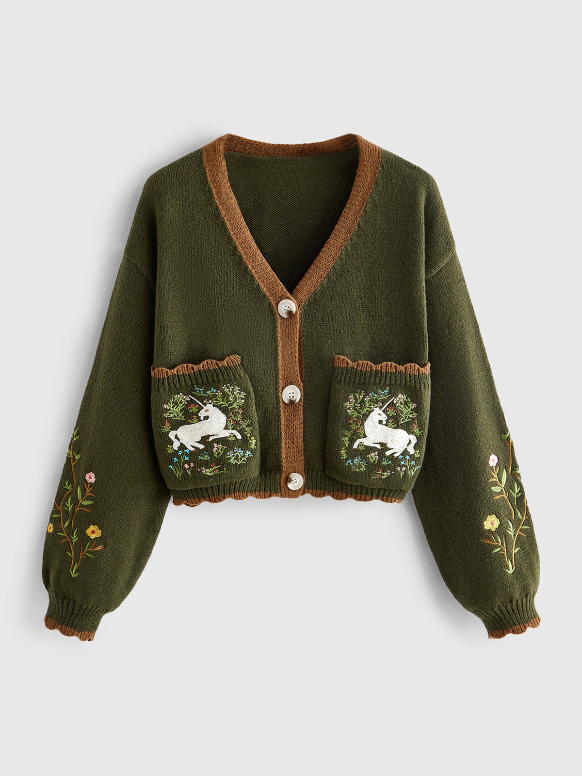 Multicolor women's cropped knit cardigan featuring floral embroidery, V-neckline, bishop long sleeves, button front, and contrast patchwork border.