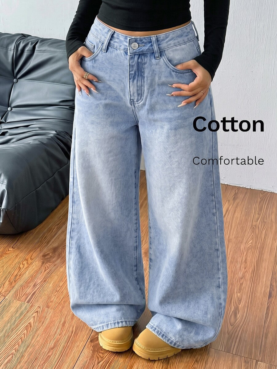 Women's loose wide-leg jeans in light wash denim with low waist and extra-long relaxed fit