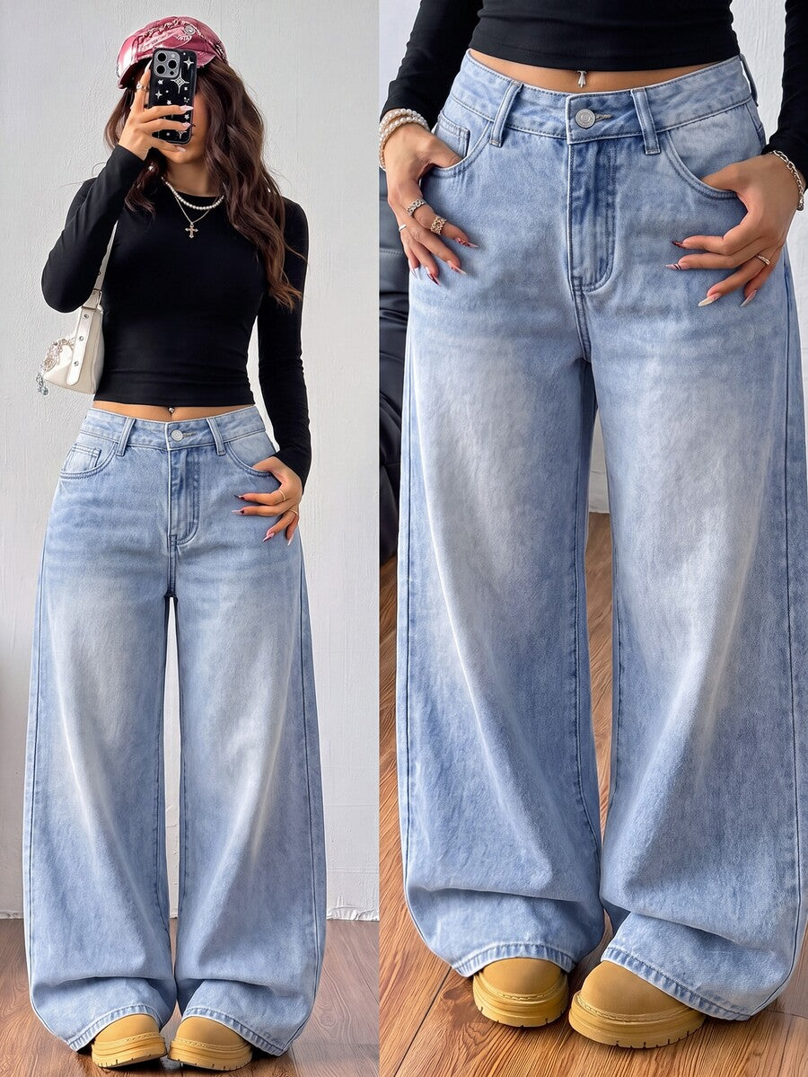 Women's loose wide-leg jeans in light wash denim with low waist and extra-long relaxed fit