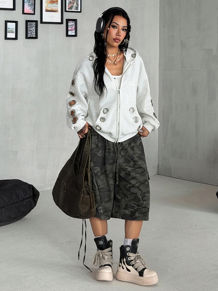 Women's brown leopard print zip-up hoodie with contrast faux fur trim and long bishop sleeves