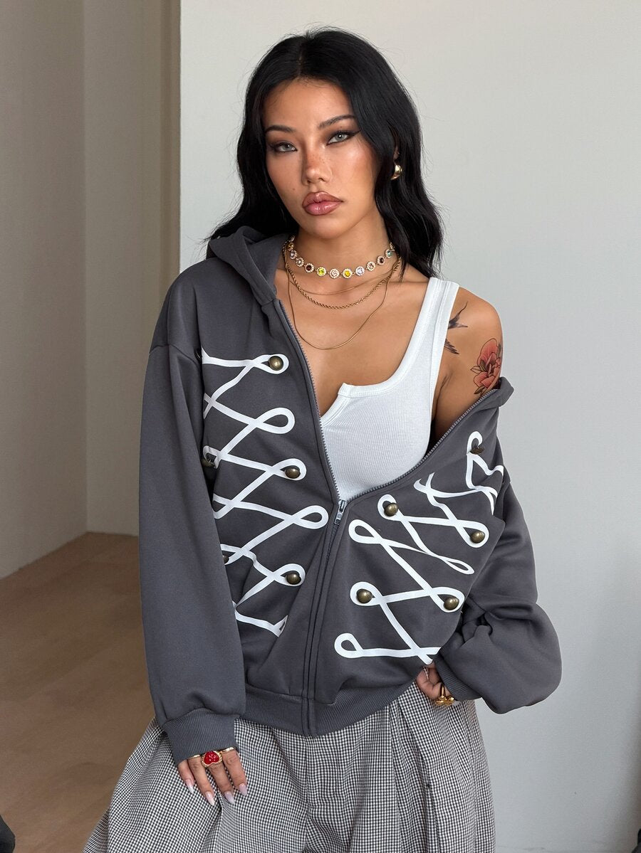 Women's brown leopard print zip-up hoodie with contrast faux fur trim and long bishop sleeves