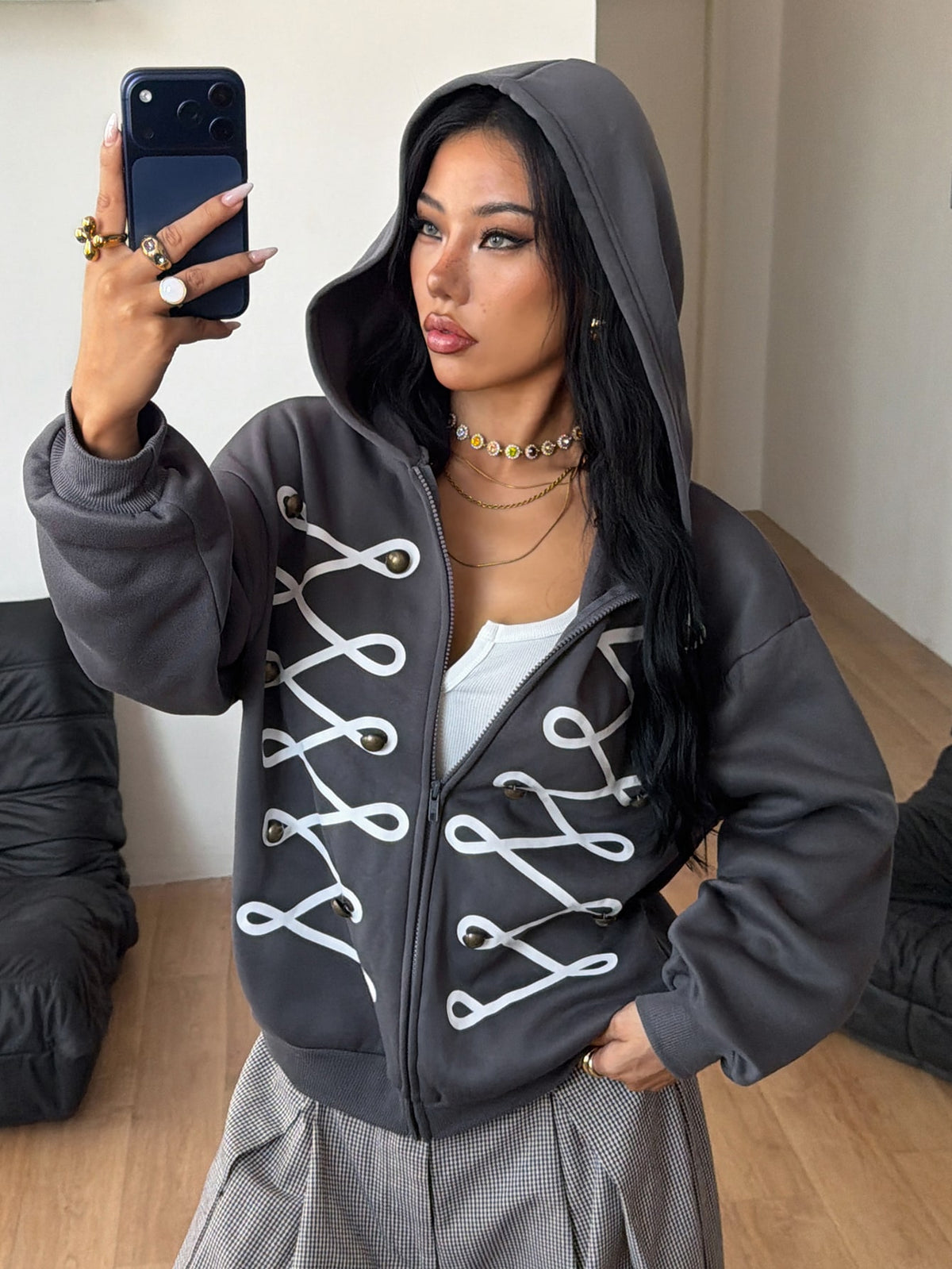 Women's brown leopard print zip-up hoodie with contrast faux fur trim and long bishop sleeves