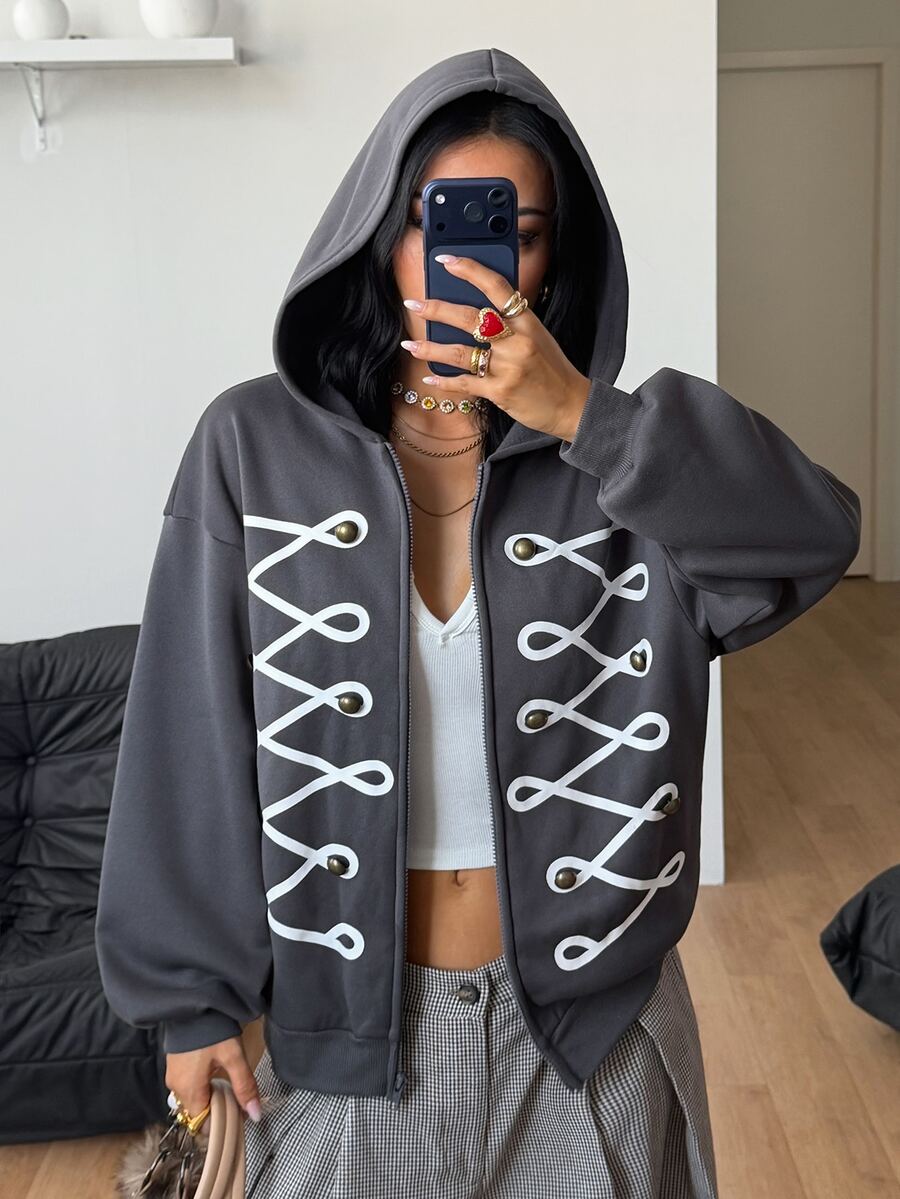 Women's brown leopard print zip-up hoodie with contrast faux fur trim and long bishop sleeves