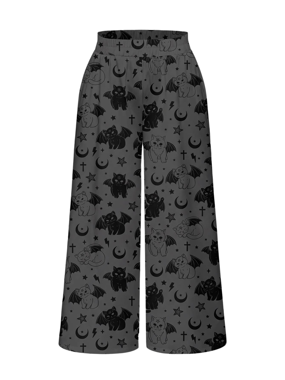 Women's plus size black gothic wide leg pants with split thigh detail and celestial moth, sun, and star pattern.